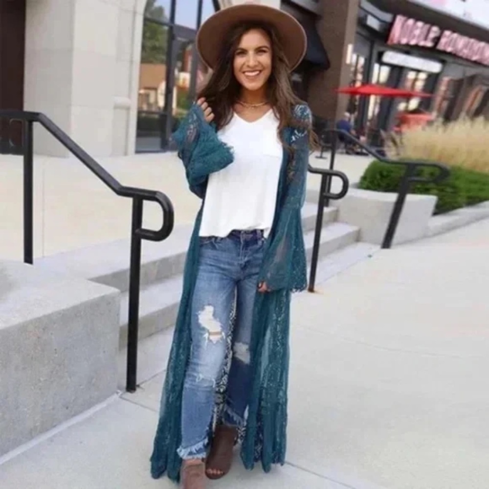 SOLD OUT Teal Eyelash Lace Bohemian Long Kimono Duster Wrap Coverup - Picture 2 of 5